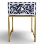 Azura Blue Bone Inlay Bedside Table with handcrafted floral bone inlay and brass-finished metal legs
