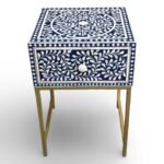 Azura Blue Bone Inlay Bedside Table with handcrafted floral bone inlay and brass-finished metal legs