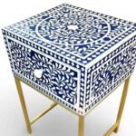 Azura Blue Bone Inlay Bedside Table with handcrafted floral bone inlay and brass-finished metal legs