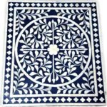 Azura Blue Bone Inlay Bedside Table with handcrafted floral bone inlay and brass-finished metal legs