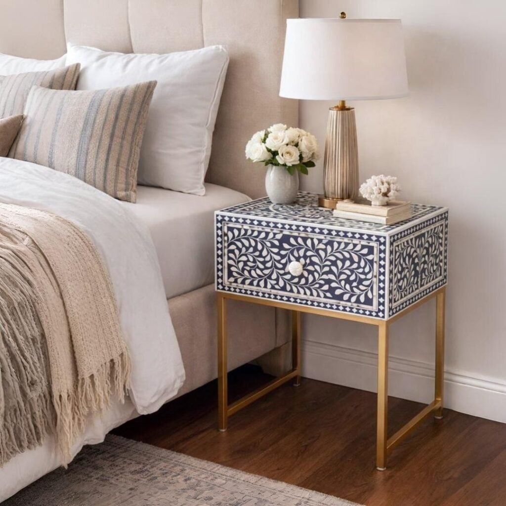 Azura Blue Bone Inlay Bedside Table with handcrafted floral bone inlay and brass-finished metal legs