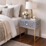 Azura Blue Bone Inlay Bedside Table with handcrafted floral bone inlay and brass-finished metal legs