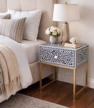 Azura Blue Bone Inlay Bedside Table with handcrafted floral bone inlay and brass-finished metal legs