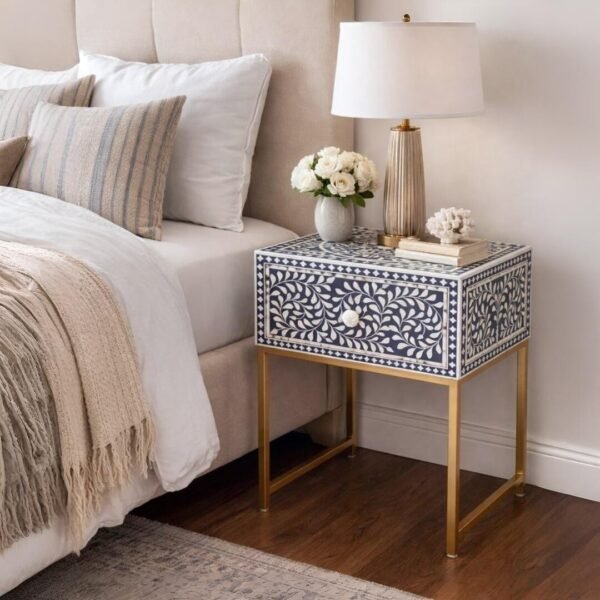 Azura Blue Bone Inlay Bedside Table with handcrafted floral bone inlay and brass-finished metal legs
