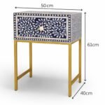 Azura Blue Bone Inlay Bedside Table with handcrafted floral bone inlay and brass-finished metal legs