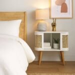 Solid Sheesham wood bedside table with natural cane panels and open storage