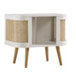 Solid Sheesham wood bedside table with natural cane panels and open storage