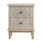 White distressed mango wood bedside table with hand-carved floral drawer