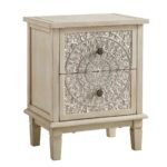 White distressed mango wood bedside table with hand-carved floral drawer