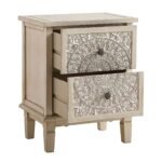 White distressed mango wood bedside table with hand-carved floral drawer