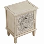 White distressed mango wood bedside table with hand-carved floral drawer