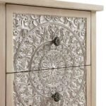 White distressed mango wood bedside table with hand-carved floral drawer