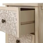 White distressed mango wood bedside table with hand-carved floral drawer