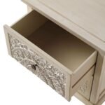 White distressed mango wood bedside table with hand-carved floral drawer