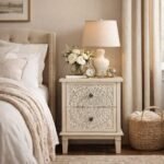 White distressed mango wood bedside table with hand-carved floral drawer