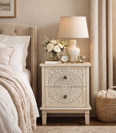 White distressed mango wood bedside table with hand-carved floral drawer