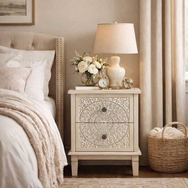 White distressed mango wood bedside table with hand-carved floral drawer
