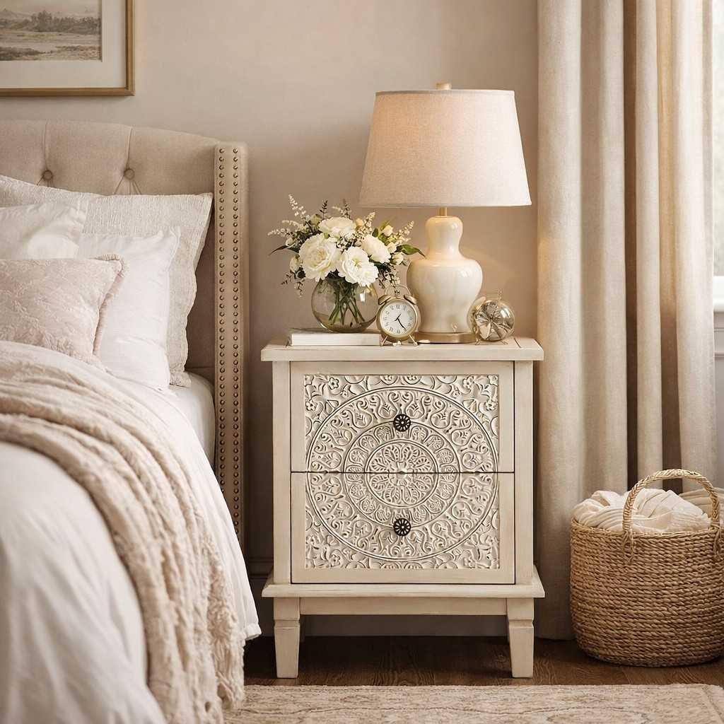 White distressed mango wood bedside table with hand-carved floral drawer
