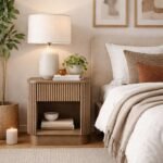 Fluto handcrafted mango wood bedside table with fluted texture and open shelf storage