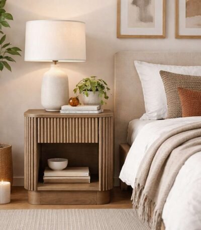 Fluto handcrafted mango wood bedside table with fluted texture and open shelf storage