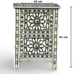 Safiya black handcrafted bone inlay bedside table with geometric pattern and drawers