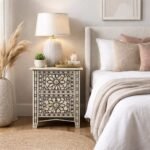 Safiya black handcrafted bone inlay bedside table with geometric pattern and drawers