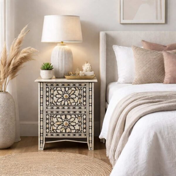 Safiya black handcrafted bone inlay bedside table with geometric pattern and drawers