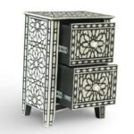 Safiya black handcrafted bone inlay bedside table with geometric pattern and drawers