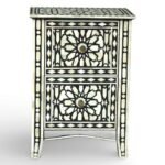 Safiya black handcrafted bone inlay bedside table with geometric pattern and drawers