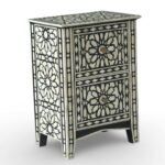 Safiya black handcrafted bone inlay bedside table with geometric pattern and drawers