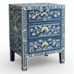 Sapphire Bloom blue handcrafted bone inlay bedside table with floral design and single drawer
