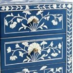 Sapphire Bloom blue handcrafted bone inlay bedside table with floral design and single drawer