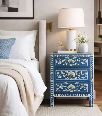 Sapphire Bloom blue handcrafted bone inlay bedside table with floral design and single drawer