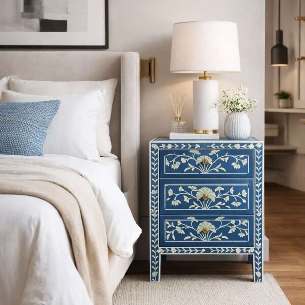 Sapphire Bloom blue handcrafted bone inlay bedside table with floral design and single drawer