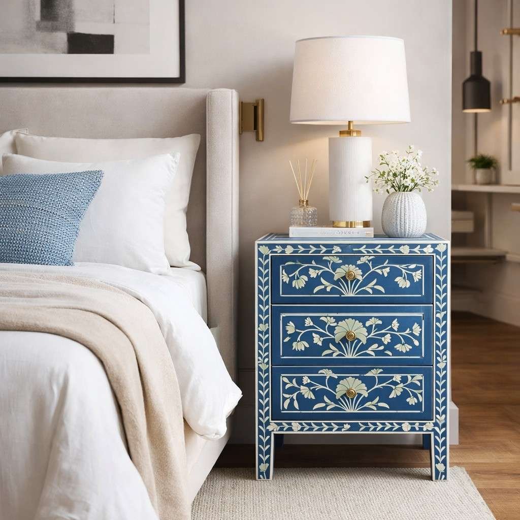 Sapphire Bloom Blue Bone Inlay Bedside Table – Handcrafted Luxury Furniture Sapphire Bloom blue handcrafted bone inlay bedside table with floral design and single drawer