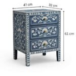 Sapphire Bloom blue handcrafted bone inlay bedside table with floral design and single drawer