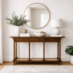 edgeflute solid wood fluted console table with fluted drawers and cane shelf
