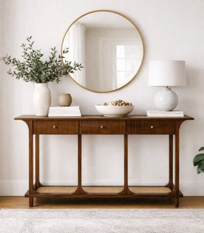 edgeflute solid wood fluted console table with fluted drawers and cane shelf