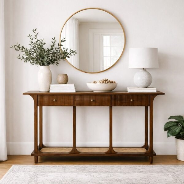 edgeflute solid wood fluted console table with fluted drawers and cane shelf