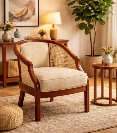 GROVEA cane armchair in solid Sheesham wood with natural cane and upholstered seat