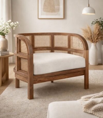 Lunaro rattan accent chair with solid wood frame and handwoven cane panels