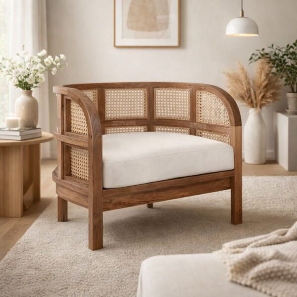 Lunaro rattan accent chair with solid wood frame and handwoven cane panels