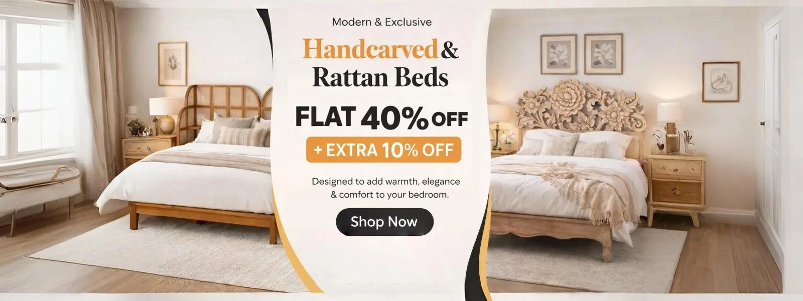 Solid wood rattan bed with natural cane detailing