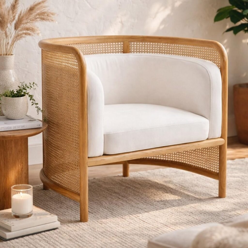 Tejasvi rattan lounge chair with curved cane sides and upholstered seat