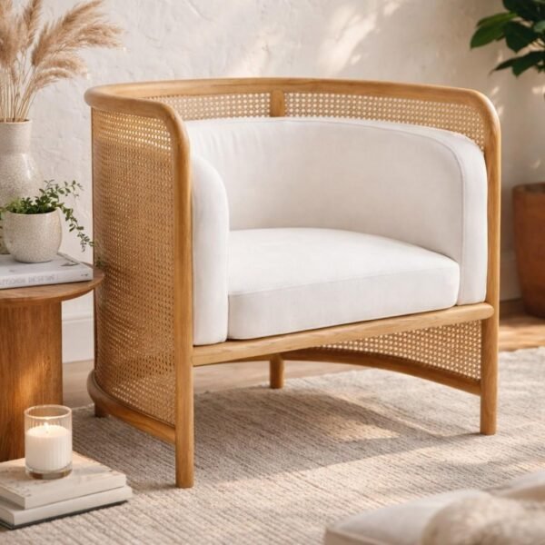 Tejasvi rattan lounge chair with curved cane sides and upholstered seat