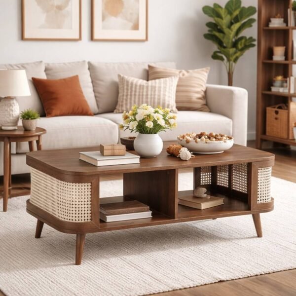 Aurex cane coffee table in Sheesham wood with open storage