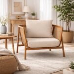 Rattan armchair with solid wood frame, cane sides and beige upholstered cushion