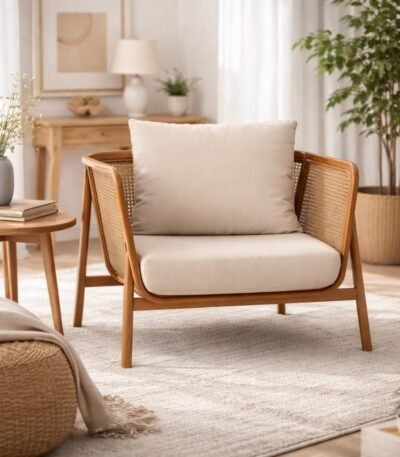 Rattan armchair with solid wood frame, cane sides and beige upholstered cushion