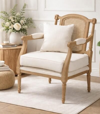 Solid wood cane chair in Sheesham wood with cane back and upholstered cushion
