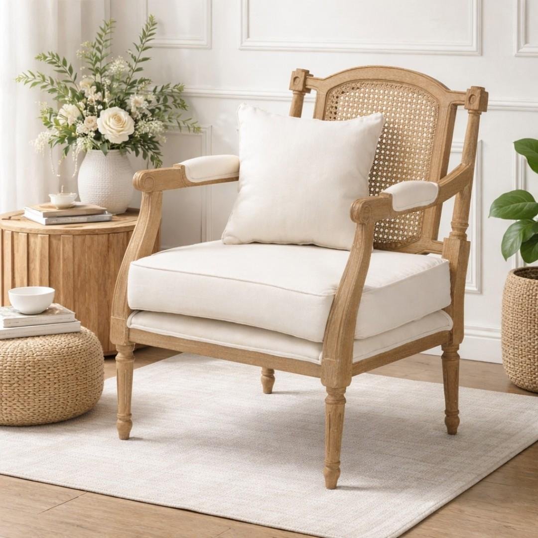 Baithak Solid Wood Cane Chair – Sheesham Wood Armchair Solid wood cane chair in Sheesham wood with cane back and upholstered cushion